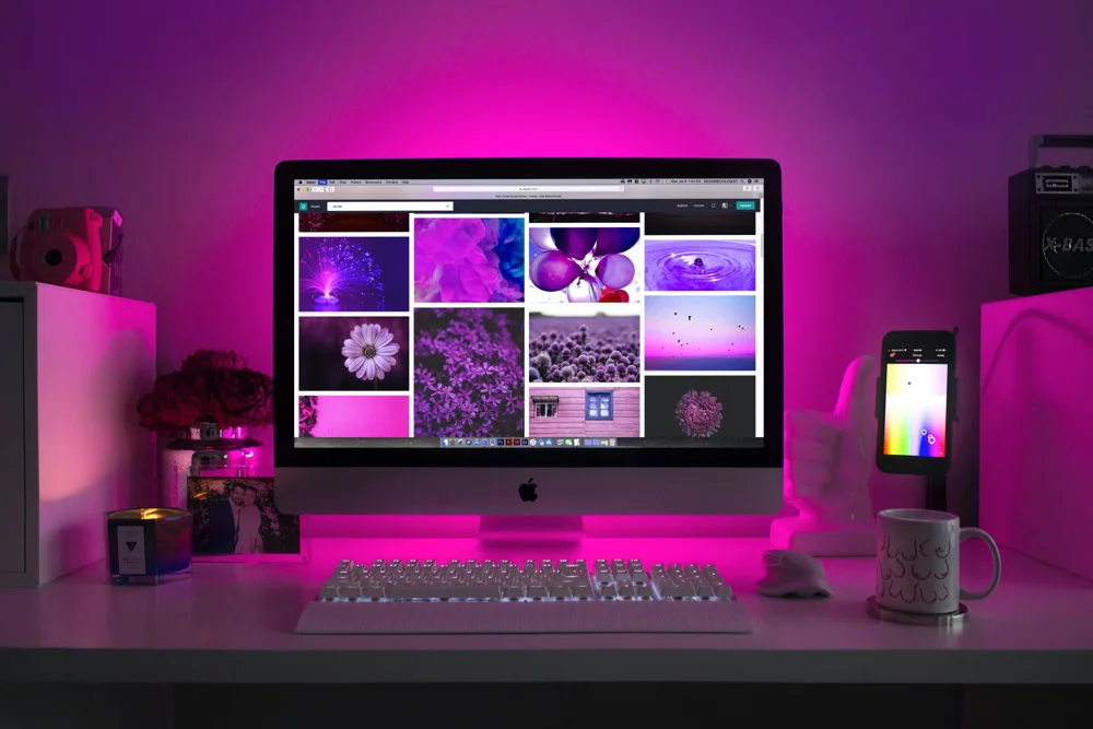 Colourful desktop computer setup